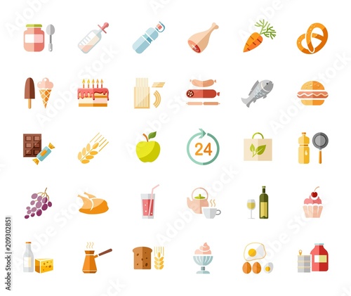 Food, colored icons, grocery store, vector. Food and drinks, production and sale. Colored, flat icons on white field. Vector clip art.  