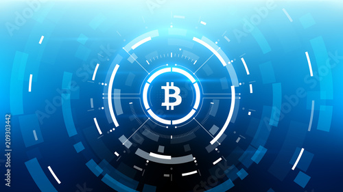 Bitcoin cryprocurrency futuristic vector illustration for background, HUD, graphical user interface, banner, business and finance infographics and more. Worldwide digital money blockchain system