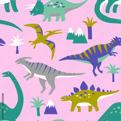 Hand drawn seamless vector pattern with cute dinosaurs, mountains and palm trees. Repetitive wallpaper on white background. Perfect for fabric, wallpaper, wrapping paper or nursery decor.