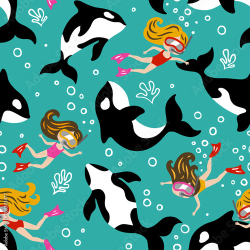 Hand drawn seamless vector pattern with cute dolphins and diving girls. Repetitive wallpaper on turquoise background. Perfect for fabric, wallpaper, wrapping paper or nursery decor.