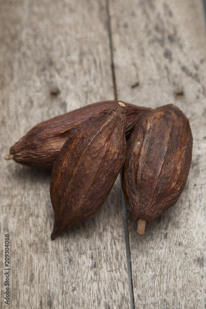 cocoa fruit on rustic wooden background cocoa fruit on rustic wooden background