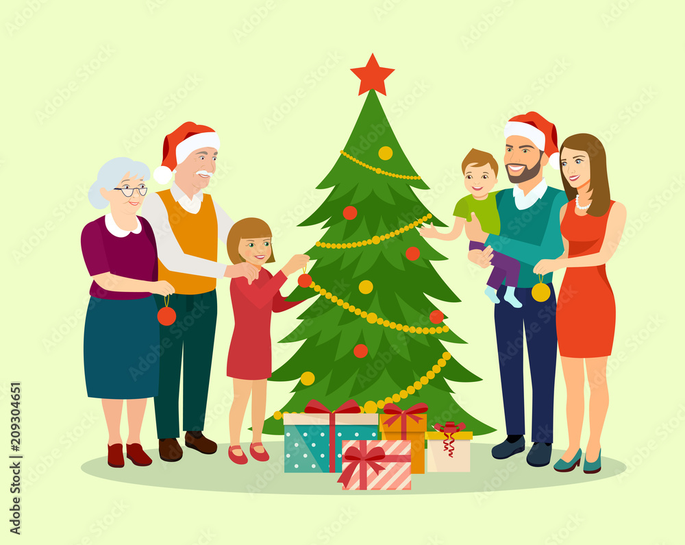 Family at Christmas. Family standing near christmas tree and decorating. Vector flat illustration Family at Christmas. Family standing near christmas tree and decorating. Vector flat illustration