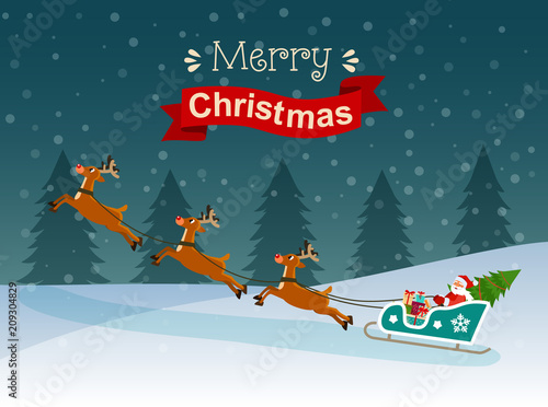Merry christmas stylized typography. Santa Claus on sledge and deers with gifts and christmas tree. Vector flat style illustration