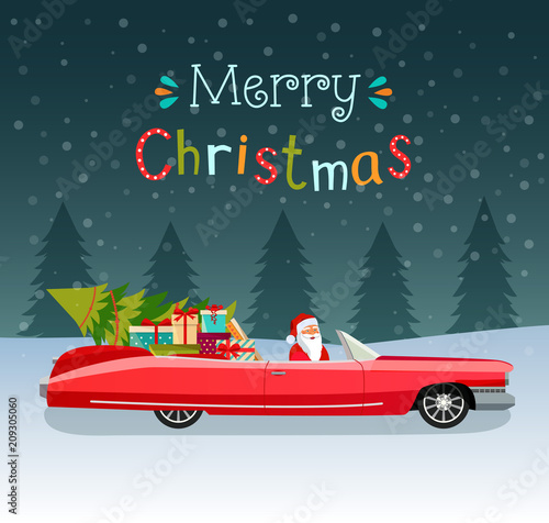Merry christmas stylized typography. Vintage red cabriolet with santa claus, christmas tree and gift boxes. Vector flat style illustration