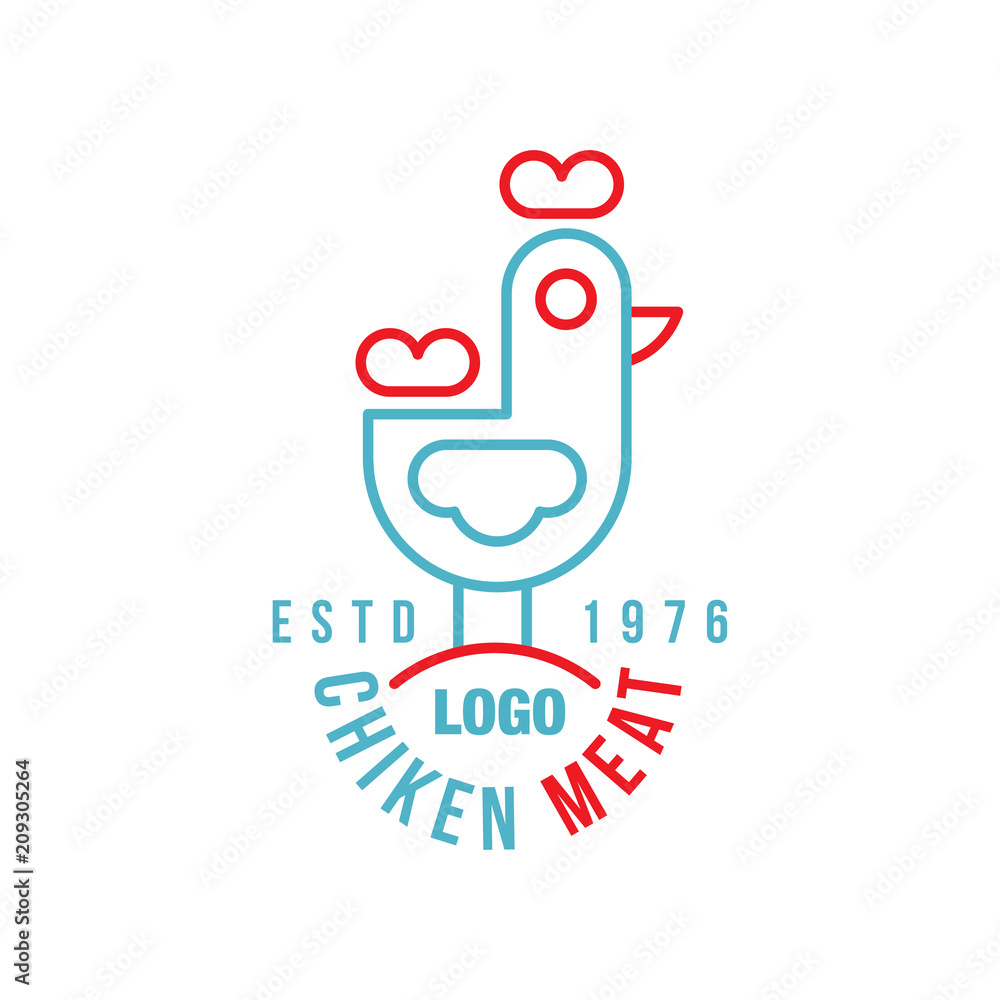 Chicken meat logo estd 1976, retro badge for farm natural organic products food, packaging, shop, restaurant, grill, BBQ vector Illustration