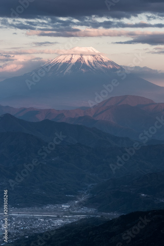 Top of Mt. Fuji with sunrise sky in spring season