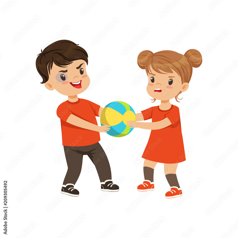 Boy and girl fighting for the ball vector Illustration on a white background Boy and girl fighting for the ball vector Illustration on a white background