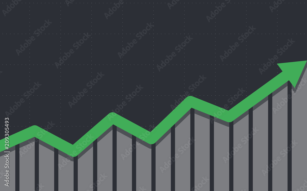 Abstract financial bar chart with green uptrend line arrow graph on black color background Abstract financial bar chart with green uptrend line arrow graph on black color background