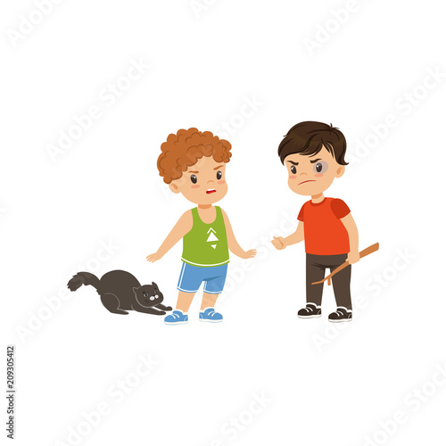 Brave litlle boy trying to stop the bully who is offending animals vector Illustration on a white background