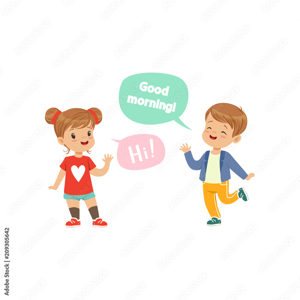 Boy and girl greeting each other, kids good manners concept vector Illustration on a white background