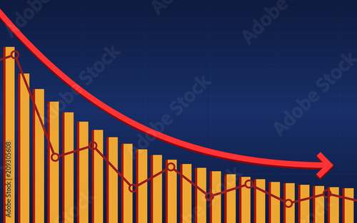 Abstract financial bar chart with red downtrend line arrow graph on blue color background 