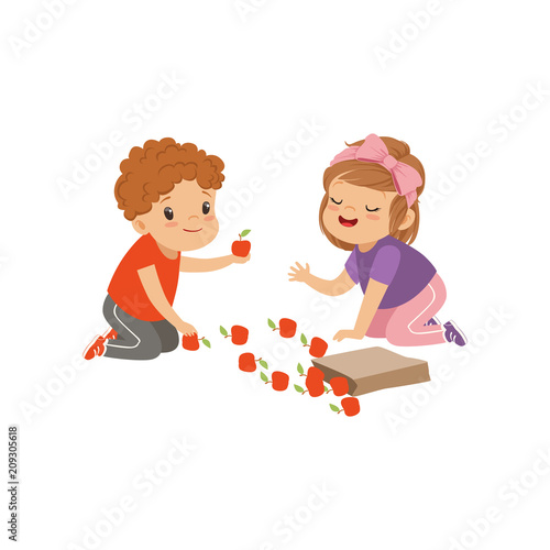 Cute boy and girl sitting on the floor and playing with apples, kids sharing fruit vector Illustration on a white background