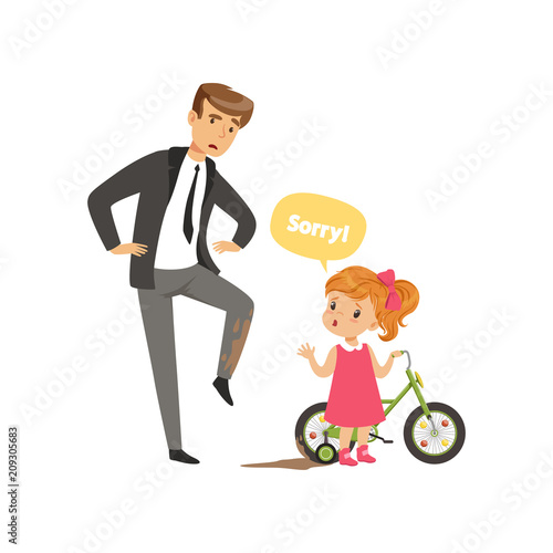 Girl apologizing to man in a suit who splashed with mud, kids good manners concept vector Illustration on a white background