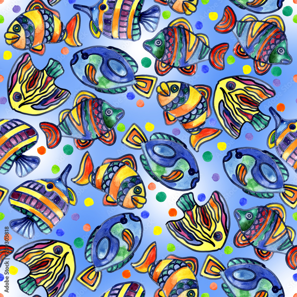 Naklejka premium Aquarium, river, lake, merry, rainbow, colorful fish in the water. Watercolor. Illustration