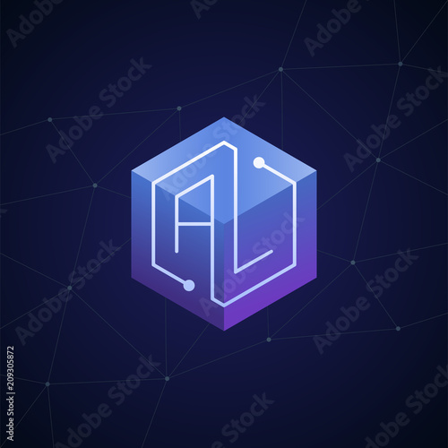 Initial letter AL, block chain, looping mono line circuit letter on hexagon cube logo, blue magenta gradient color on black blue network background