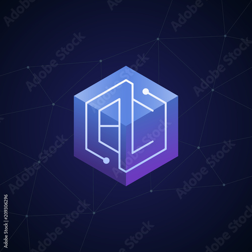Initial letter BC, block chain, looping mono line circuit letter on hexagon cube logo, blue magenta gradient color on black blue network background