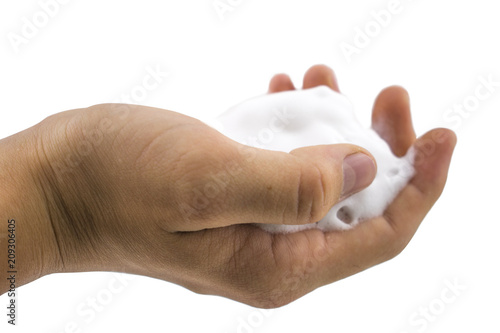 close up foam in two hand isolated on white background. photo