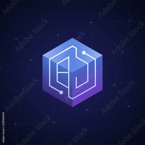 Initial letter BJ, block chain, looping mono line circuit letter on hexagon cube logo, blue magenta gradient color on black blue network background