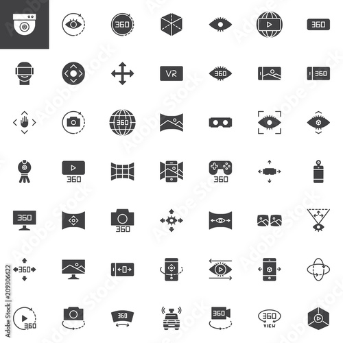 360 degrees view vector icons set, modern solid symbol collection, filled style pictogram pack. Signs, logo illustration. Set includes icons as Cctv camera, axis, vr glasses, virtual reality, Panorama