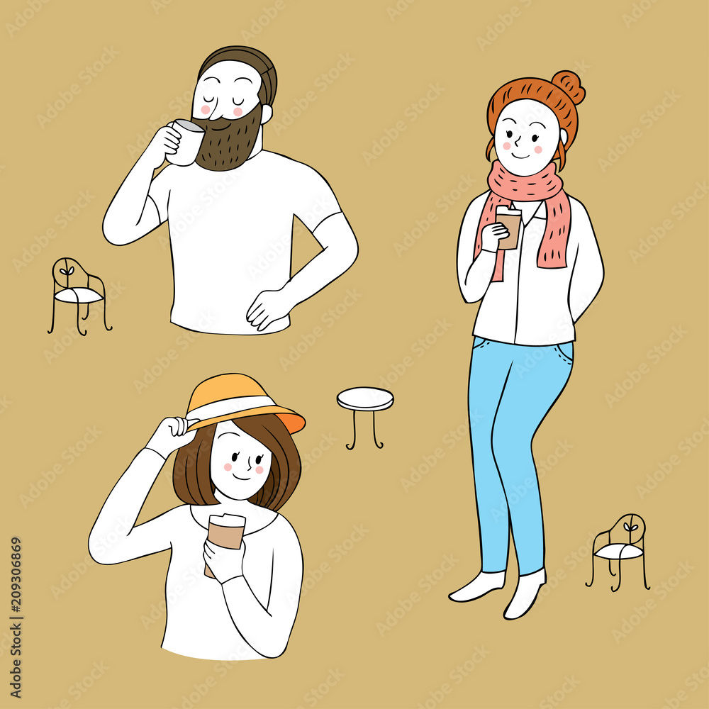 Cartoon cute people and coffee set vector. Cartoon cute people and coffee set vector.