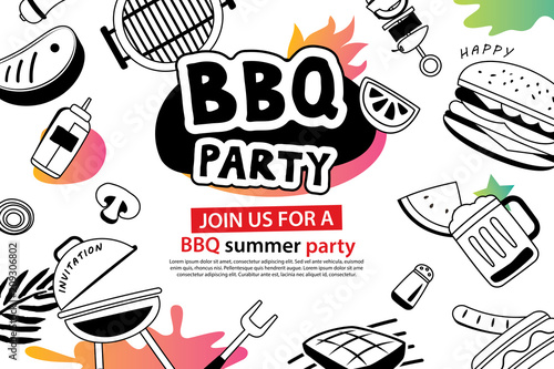 Summer BBQ party in doodles symbol and objects icon for background. Barbecue picnic invitation poster with hand drawn style. Use for labels, stickers, badges, poster, flyer, banner.