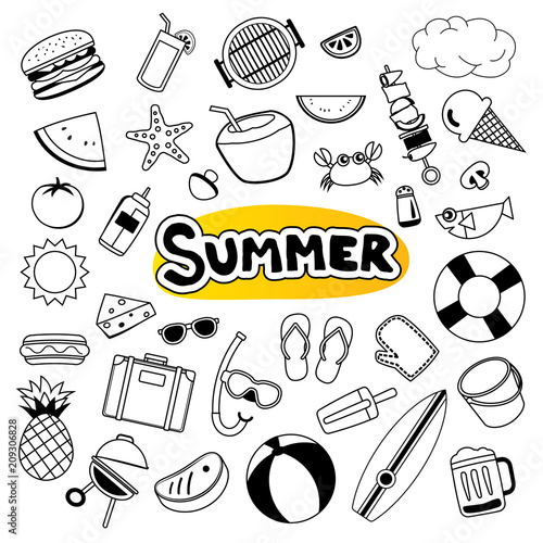 Summer objects set sticker icon in doodle design. Cartoon vector illustration. Can be used for banner, badges, symbol, element isolated background.