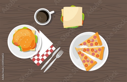 Hamburger, sandwich, Pepperoni Pizza and cup of coffee on wooden table	