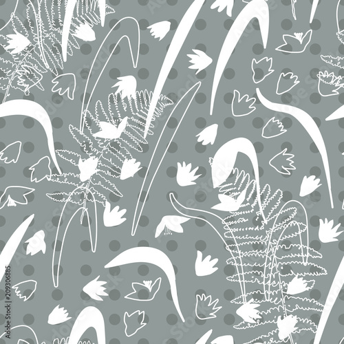 Vector floral seamless pattern with hand drawn scilla or snowdrop flowers and fern leaves. Modern decorative background in pastel colors.