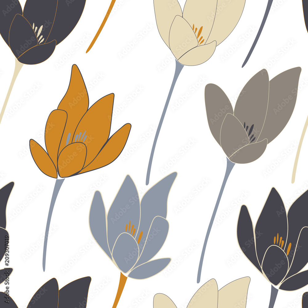 Tulips or crocuses vector seamless pattern. Floral modern background with stylized hand drawn flowers in pastel colors. Tulips or crocuses vector seamless pattern. Floral modern background with stylized hand drawn flowers in pastel colors.