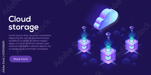 Cloud computing or storage isometric vector illustration. 3d hosting servers or datacenter background. IT network or mainframe infrastructure website header layout. Computer system or workstation.