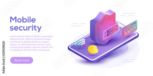 Mobile data security isometric vector illustration. Online payment protection system concept with smartphone and credit card. Secure bank transaction with password verification via internet.