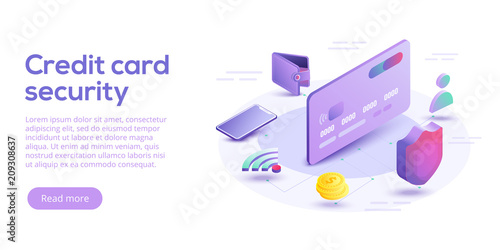 Credit card security isometric vector illustration. Online payment protection system concept with smartphone and wallet. Secure bank transaction with password verification via internet.