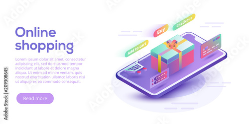 Online shopping or e-commerce isometric vector illustration. Internet store payment procedure  concept with smartphone and gift box. Secure bank transaction with password verification.