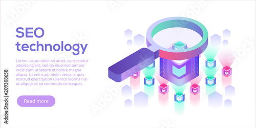 Data analytics platform isometric vector illustration. Abstract 3d hosting server or data center room background. Network or mainframe infrastructure website layout. Computer storage or workstation.