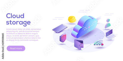 Cloud computing or storage isometric vector illustration. 3d concept with smartphone and laptop gadgets. Online data transfer website header layout. Digital network connection and interaction.