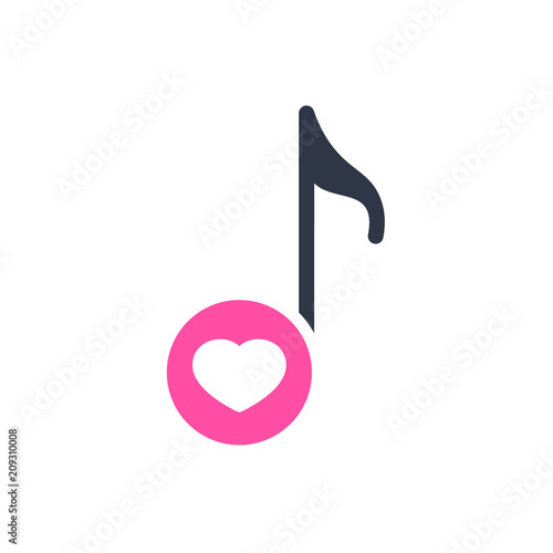 Musical note icon, music icon with heart sign. Musical note icon and favorite, like, love, care symbol