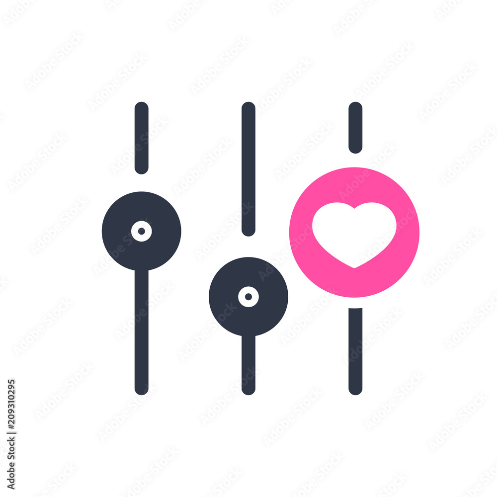 Settings icon, multimedia icon with heart sign. Settings icon and favorite, like, love, care symbol Settings icon, multimedia icon with heart sign. Settings icon and favorite, like, love, care symbol