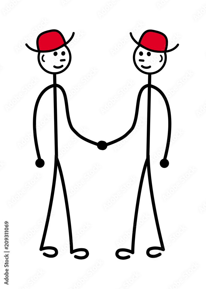Two little men in red hats shake hands. Cartoon funny drawing. Vector  graphics. Stock Vector | Adobe Stock