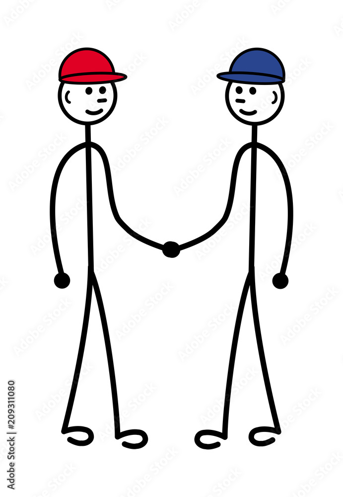 Two little men in red and blue hats shake hands. Cartoon funny drawing. Vector graphics.