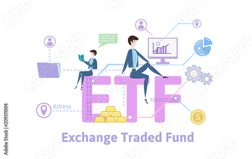 ETF, Exchange Traded Funds. Concept with keywords, letters and icons. Colored flat vector illustration on white background.