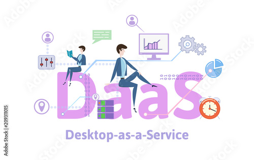 Desktop as a service, DaaS. Concept with keywords, letters and icons. Colored flat vector illustration on white background..