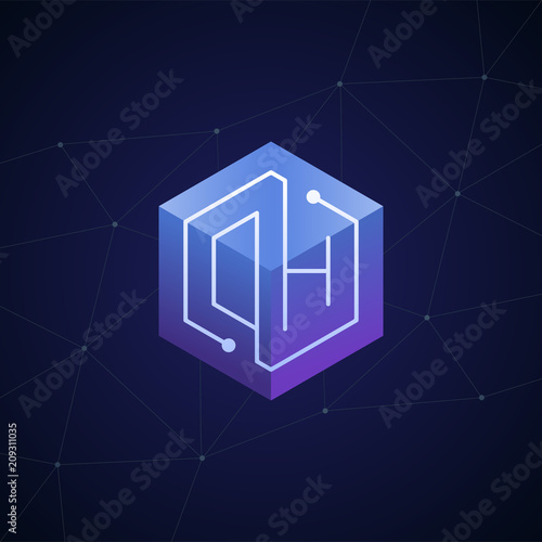 Initial letter DH, OH, block chain, looping mono line circuit letter on hexagon cube logo, blue magenta gradient color on black blue network background