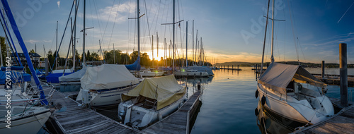 panoramic view of small port at lake constance