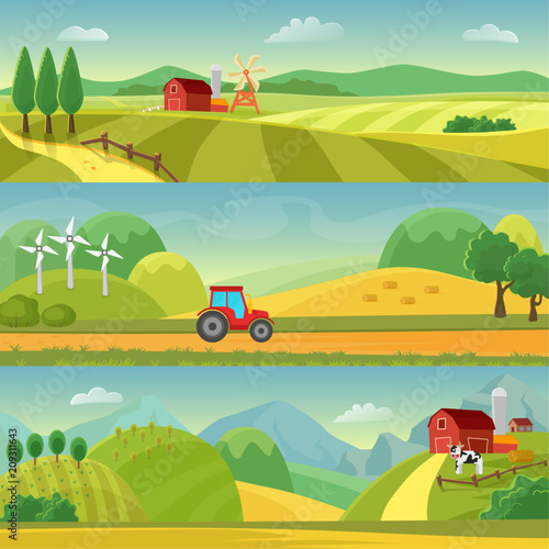 Rural landscape with fields and hills and with a farm. Agriculture and Agribusiness Farming. Rural landscape templates. Vector design for infographic and web.