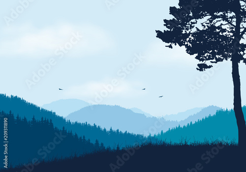 Mountain landscape with forest and hill, under blue sky with clouds and flying birds - with space for your text