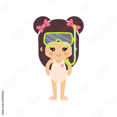 cartoon summer girl in a swimsuit with diving mask