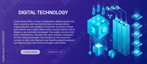 Hosting service, big data center, cryptocurrency and blockchain isometric composition banner template concept, mining crypto farm vector illustration.