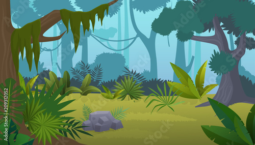Vector cartoon empty tropical rainforest Jungle background.