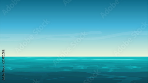Vector cartoon clear ocean sea background with empty blue sky. © lembergvector