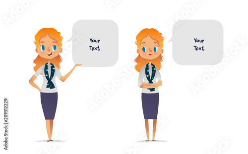 Set of happy and unhappy women or scout troop leaders dressed in smart clothes and speech bubbles with place for text. Bundle of smiling and sad female cartoon characters isolated on white background.